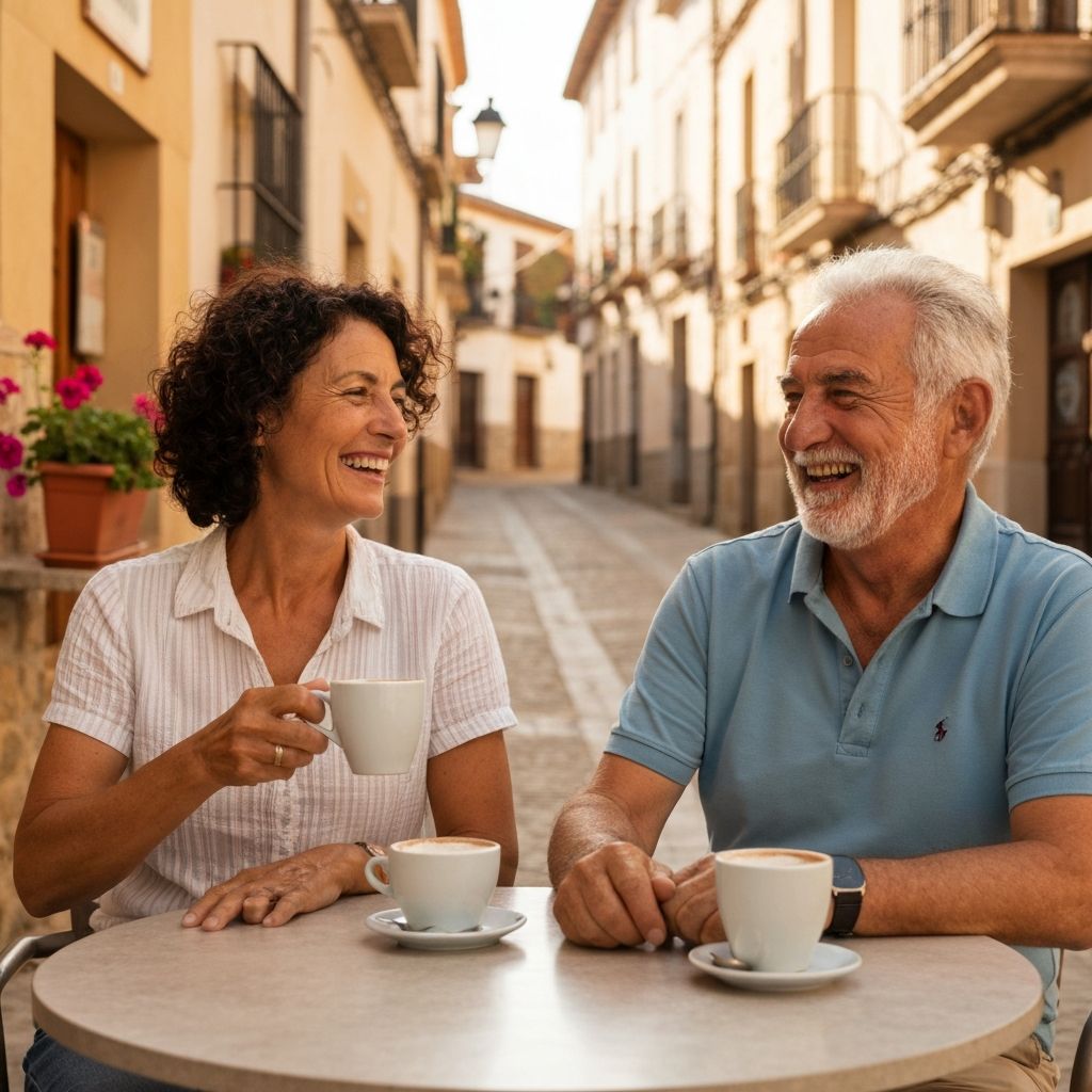 Retired couple enjoying life at a Spanish terrace cafe