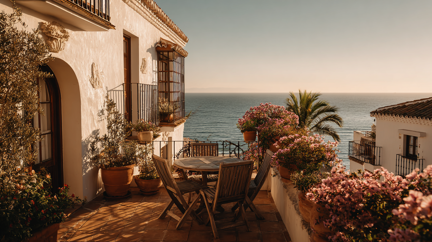 Mediterranean terrace with flowers overlooking the sea - authentic Spain lifestyle