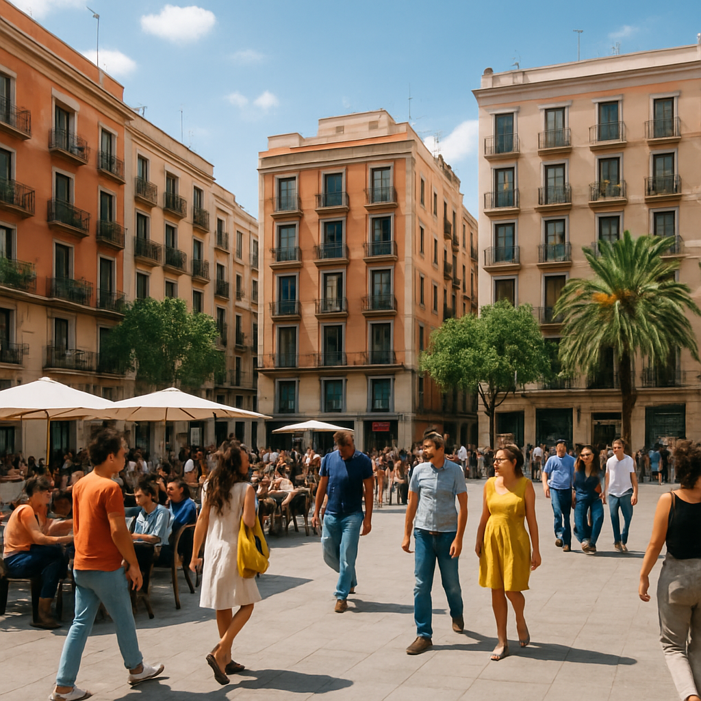 Spain urban life - Barcelona plaza with Mediterranean architecture and community